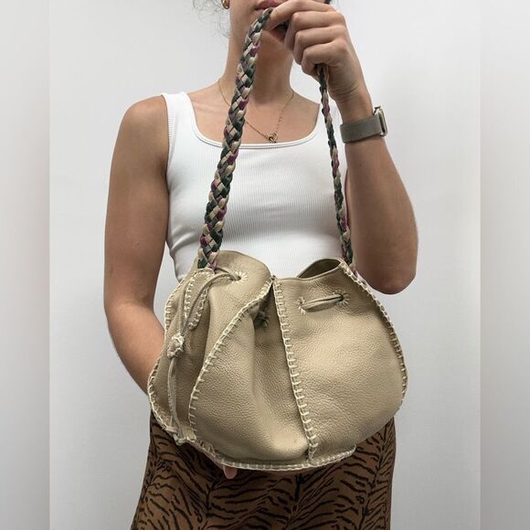 Valerie Steven’s Beige Leather Small Bucket Shoukder Bag Braided Leather Strap - Picture 15 of 16